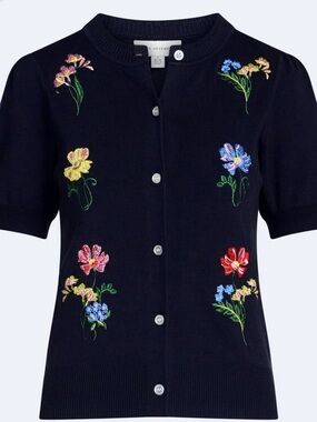 Free Assembly Women’s Navy Embroidered Cardigan Sweater With Puff Sleeves